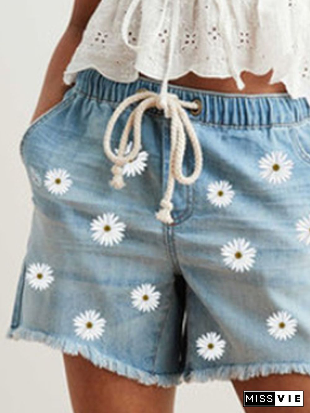 Ladies Elastic Waist Denim Casual Shorts