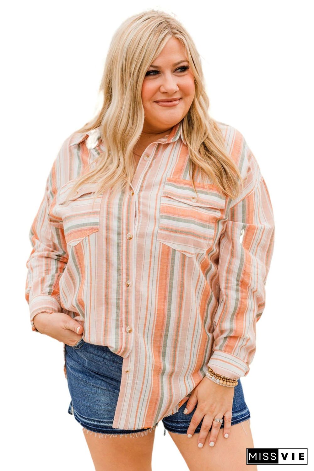 Orange Plus Size Striped Shirt with Chest Pockets