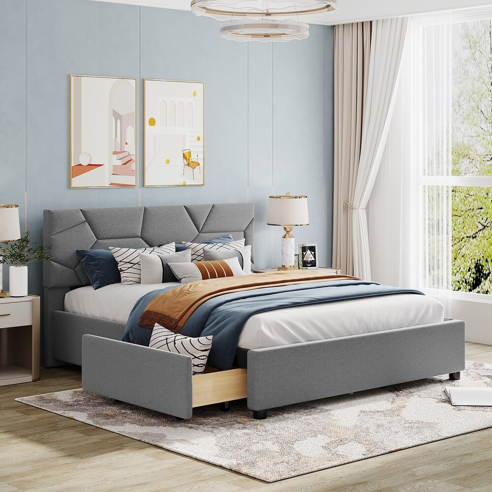 Queen Upholstered Platform Bed with Brick Pattern Heardboard   4 Drawers  Wooden Storage Bedframe  No Box Spring Needed  Grey