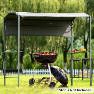 Cesicia 7 ft. x 4.5 ft. Iron Outdoor Patio Double-Tiered Backyard Patio BBQ Grill Gazebo with Side Awning Gray W-GXY-75