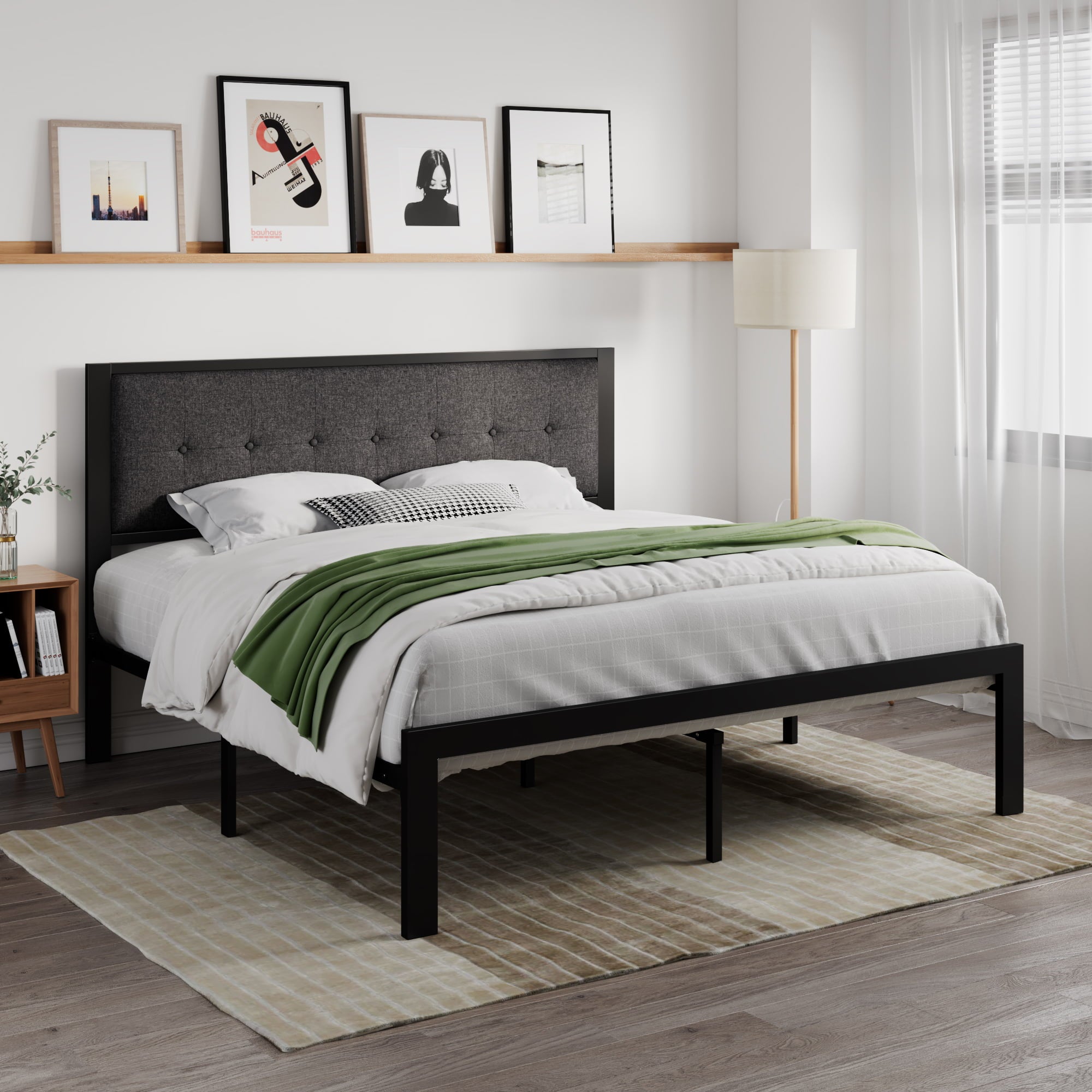 SHA CERLIN King Metal Platform Bed with Fabric Upholstered Button Tufted Headboard, Dark Grey