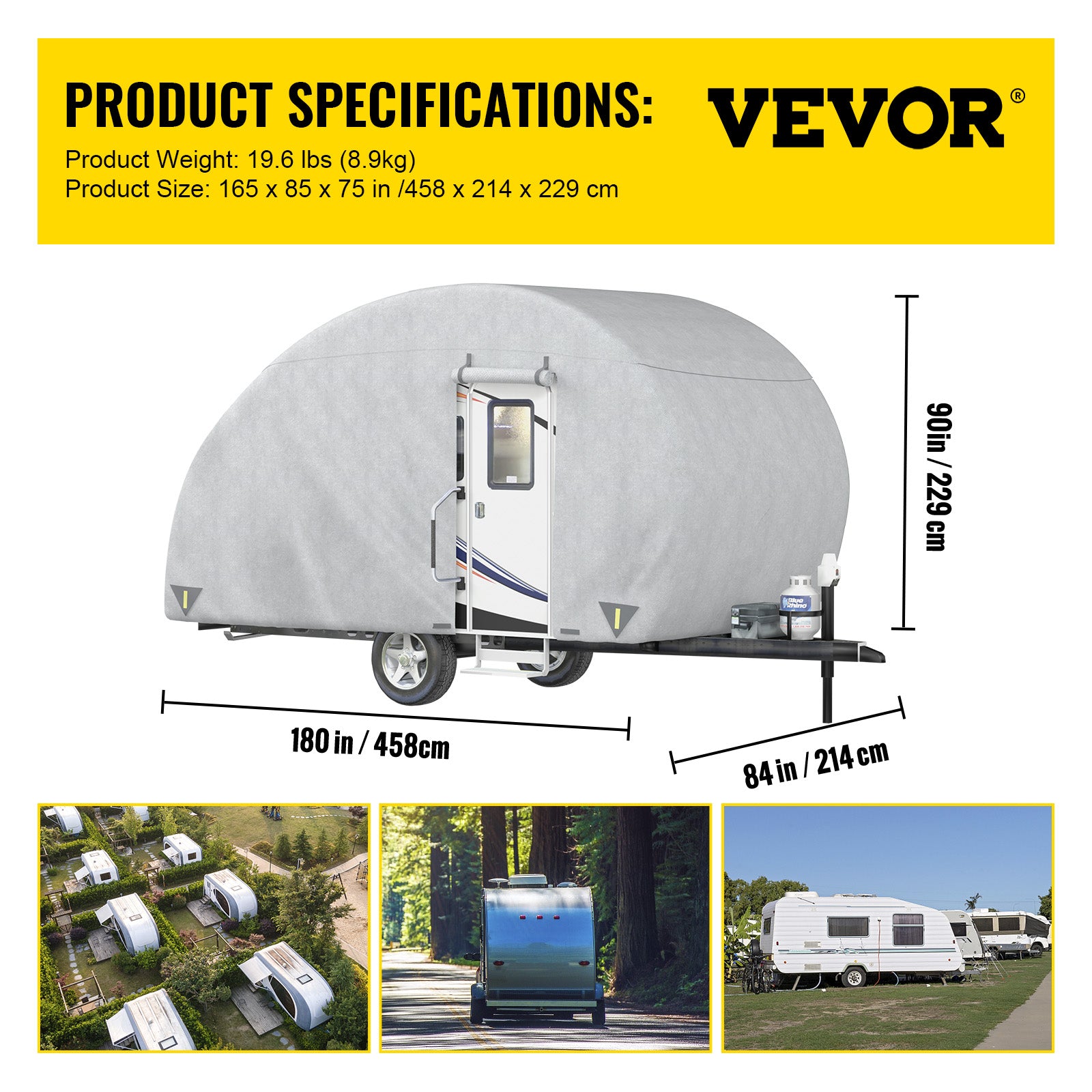 VEVORbrand Teardrop Trailer Cover Classic Accessories over Drive PolyPRO3 ， Fits 12' - 15'L， 7'W， Teardrop Trailer Covers 12 feet -15 feet Front Door