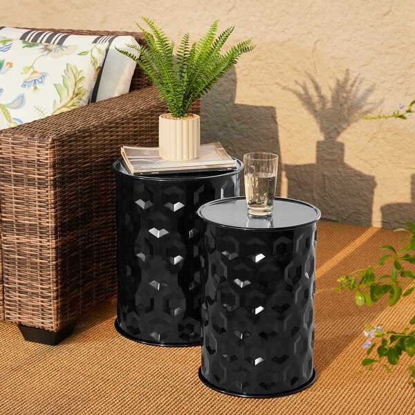 Glitzhome Set of 2 Glossy Black Metal Outdoor Table Accent Stool