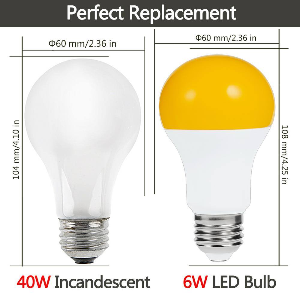 YANSUN 40-Watt Equivalent A19 Dusk to Dawn Light Bulbs OutdoorE26 Base Bug Lights for Outside in Yellow-Colored 2000K (4-Pack) H-GG-XC003OW6E26-4