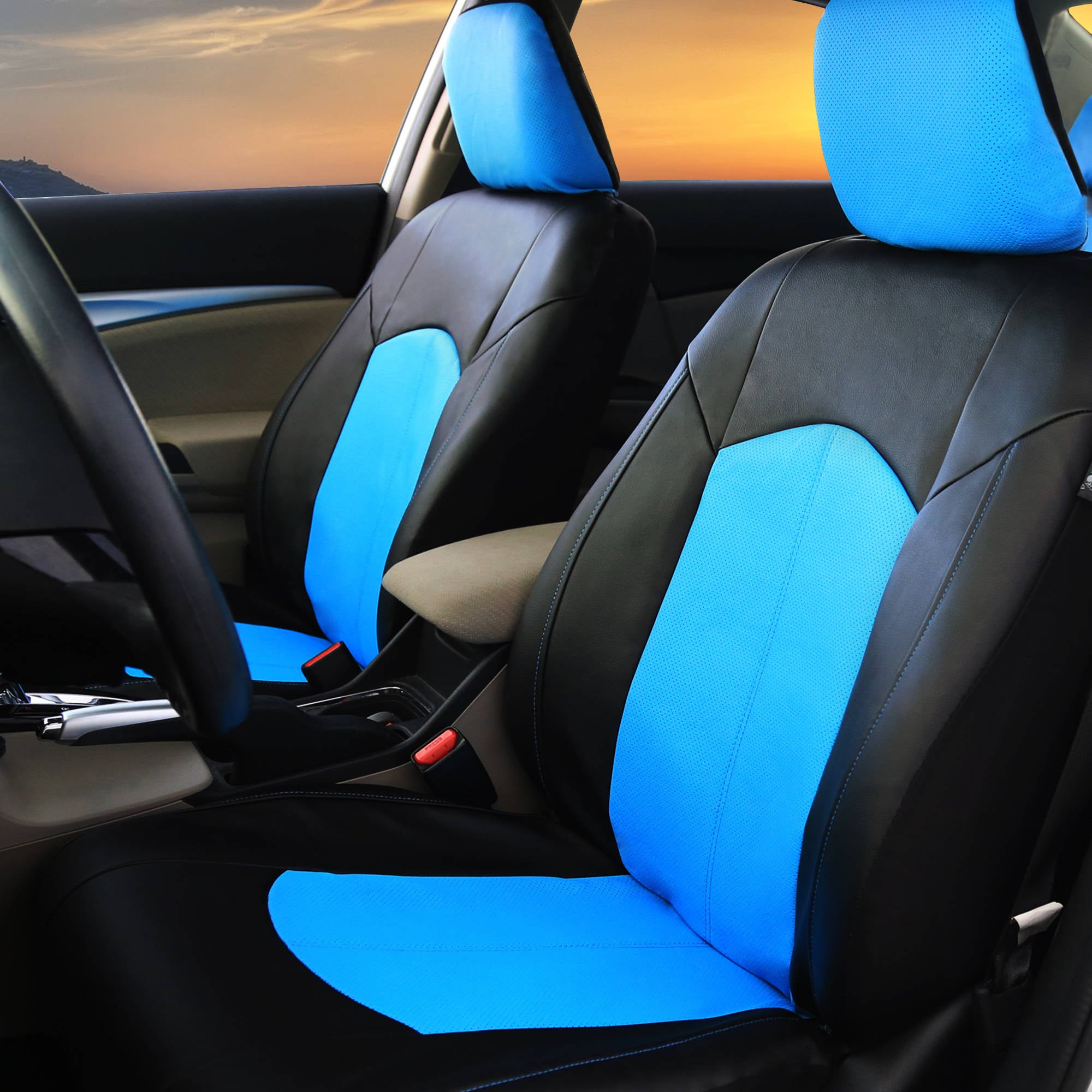 FH Group， Blue Black Deluxe Leather Seat Covers Full Set w/ Free Air Freshener， Airbag Compatible / Split Bench Covers