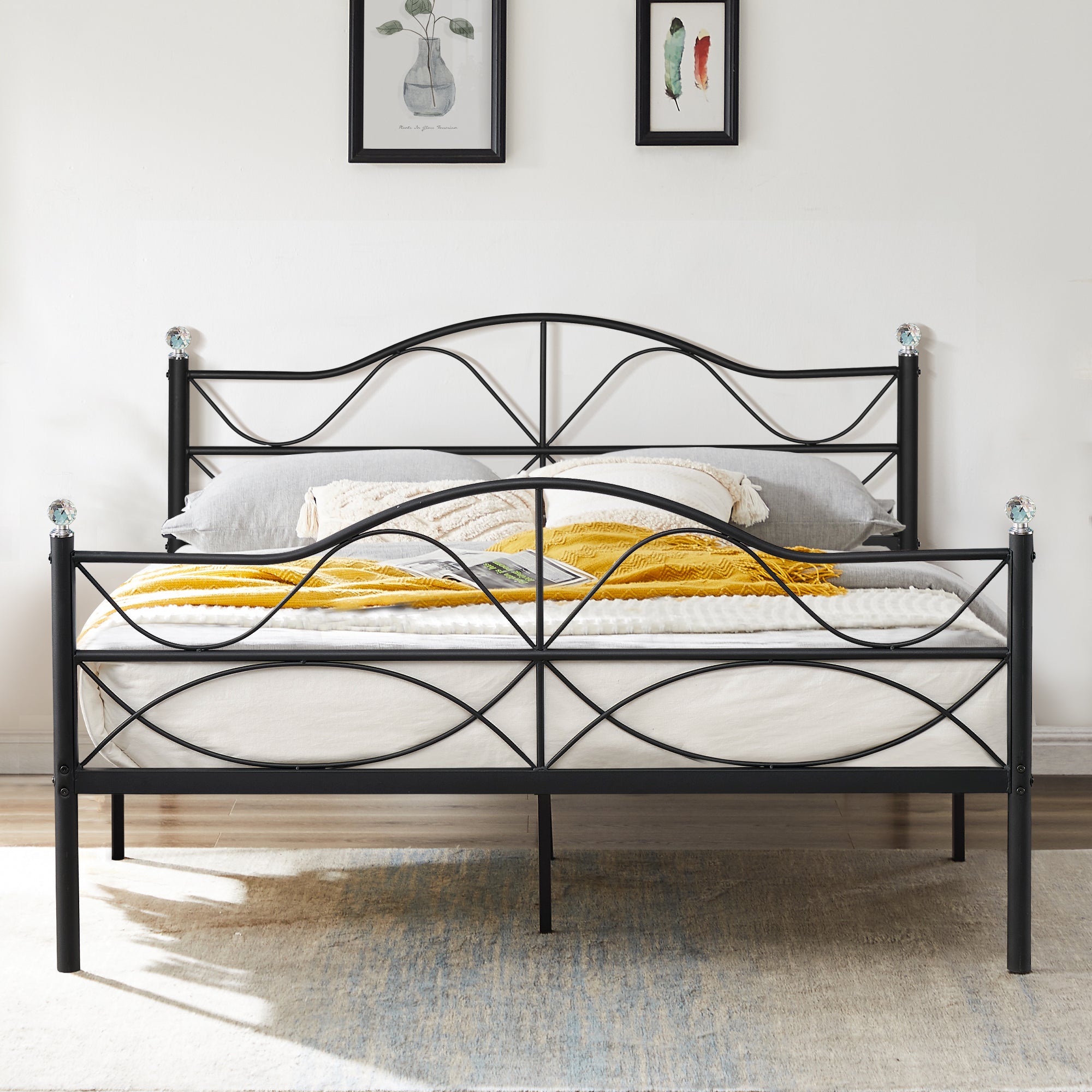 Victorian Twin Size Platform Bed Frame with Headboard and Footboard, Metal Slats Support, Black