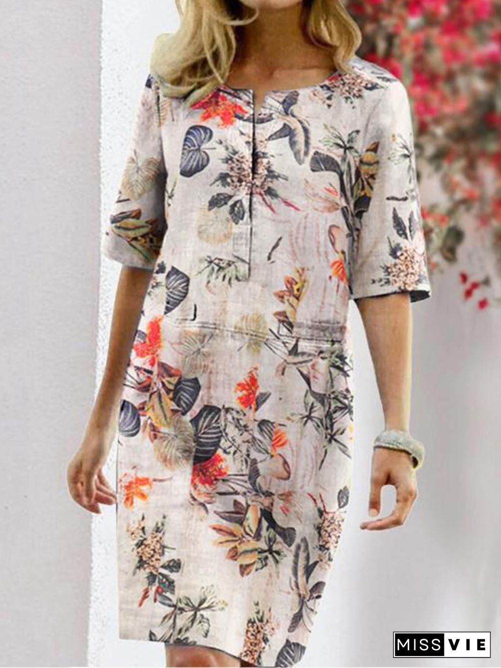 Casual Round Neck Floral Short Sleeve Midi Dress