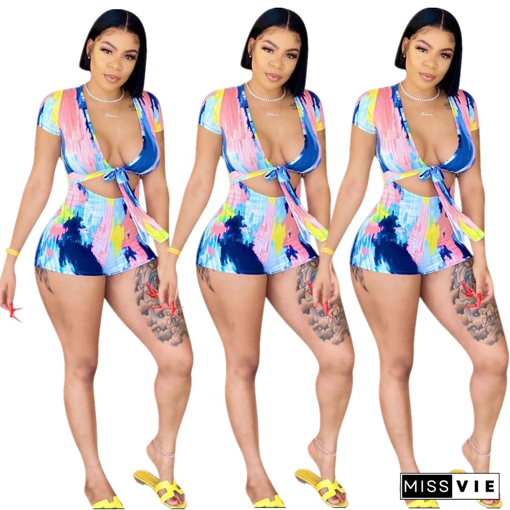 Tie Dye Deep V Lace Up Short Sleeve Rompers