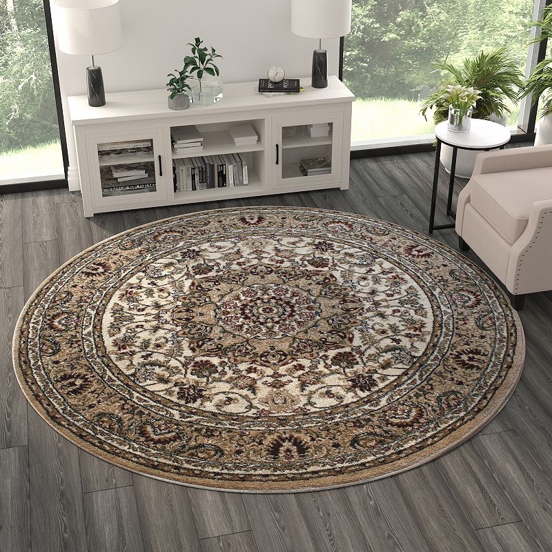 Masada Rugs Masada Rugs Bellagio Collection 7'x7' Round Traditional Area Rug in Ivory - Design B401