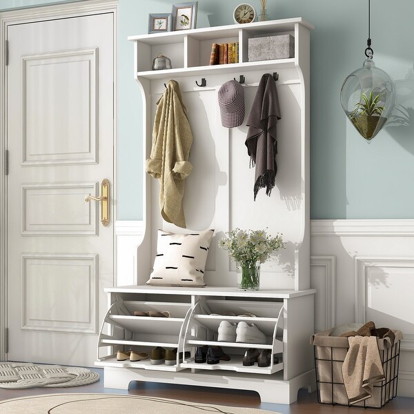 All In One Hall Tree with 3 Top Shelves and 2 Flip Shoe Storage Drawers for Living Room， Hallway，Easy Assemble - - 37928522