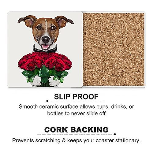 Colourlife Dog With A Bouquet Of Red Roses Printed Square Ceramic Coaster For Drinks With Cork Base For Coffee Cups Place Mats For Home Decor Set Of 6