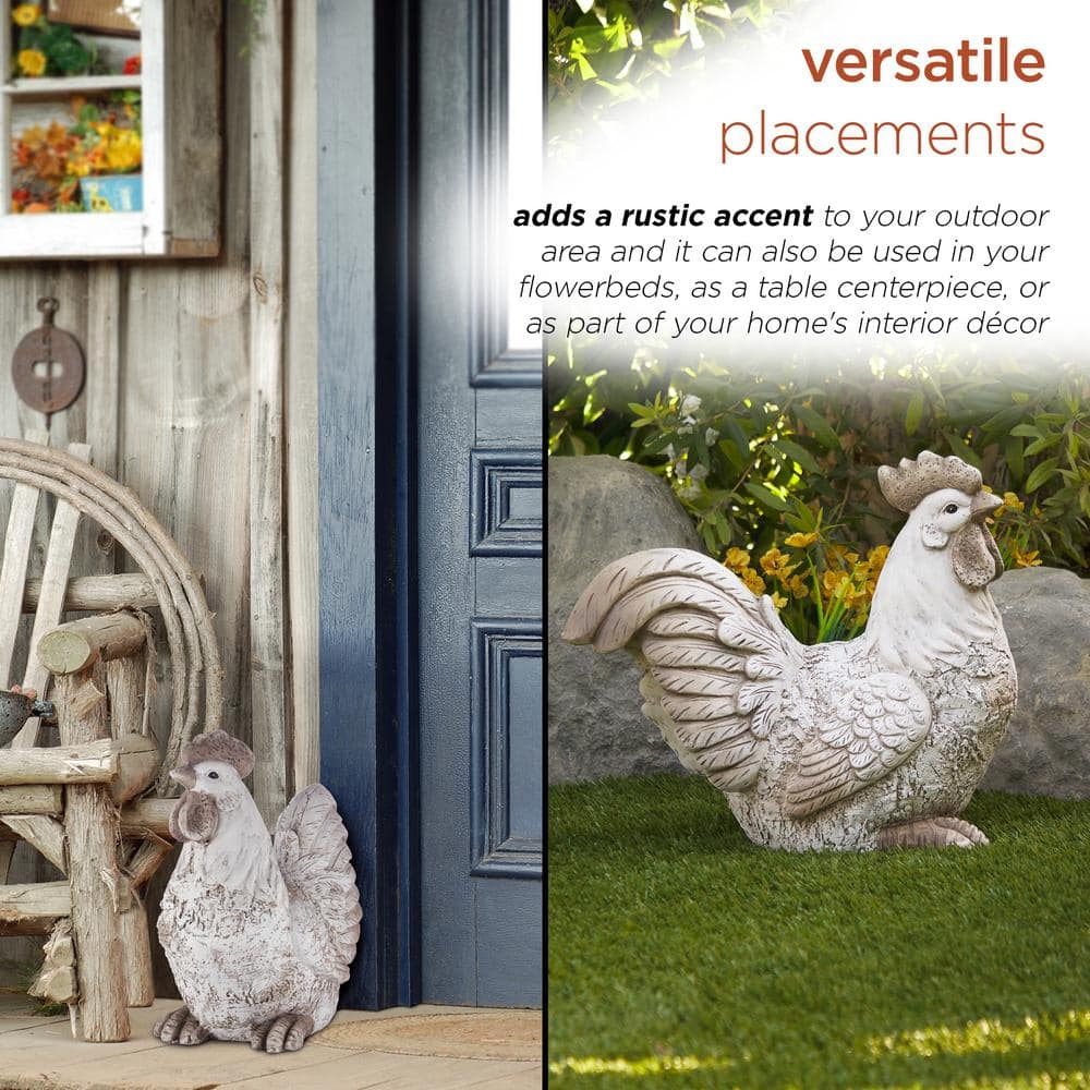 Alpine Corporation 14 in. H Indoor/Outdoor Sitting Rooster Decorative Garden Statue, White QWR1068