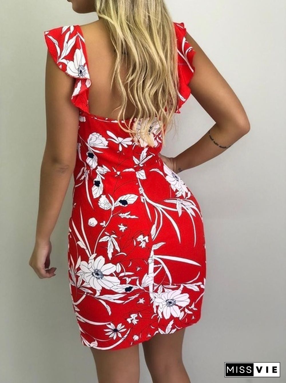 Women's Fashion Summer Sleeveless Floral Print Backless Dress Bodycon Dress