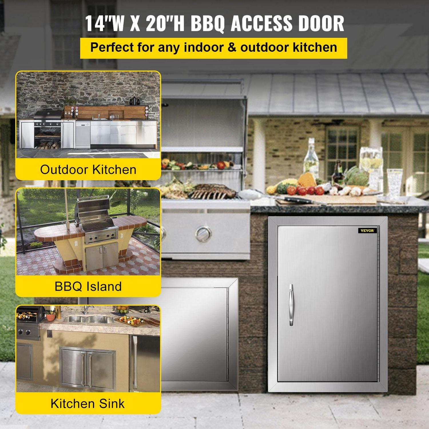 VEVOR BBQ Access Door 14W x 20H inch， Vertical Single BBQ Door Stainless Steel， Outdoor Kitchen Doors for BBQ Island， Grill Station， Outside Cabinet