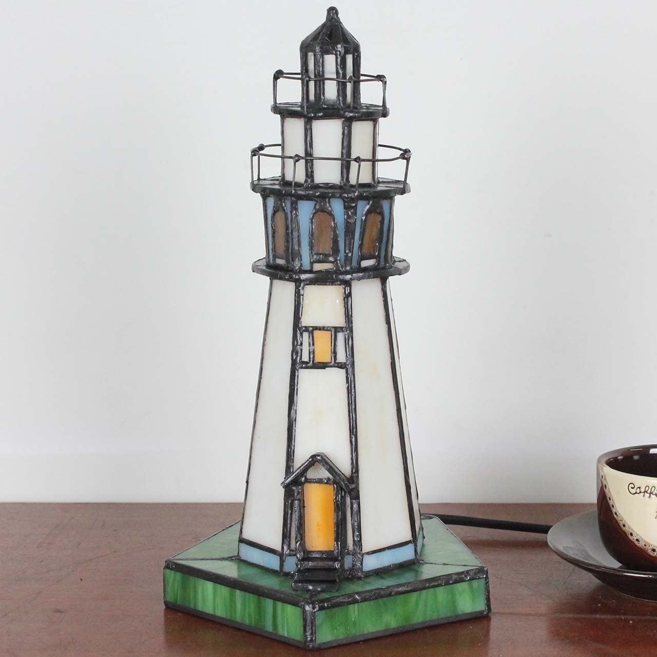 SHADY L10221 Lighthouse 10 inch  Style Stained Glass Accent Table Lamp  Night Light