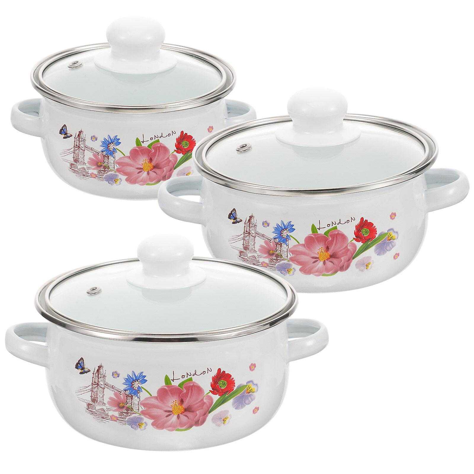 3pcs Kitchen Soup Pot Household Stew Pot Enamel Stockpot For Cooking Double-handle Cooking Pot