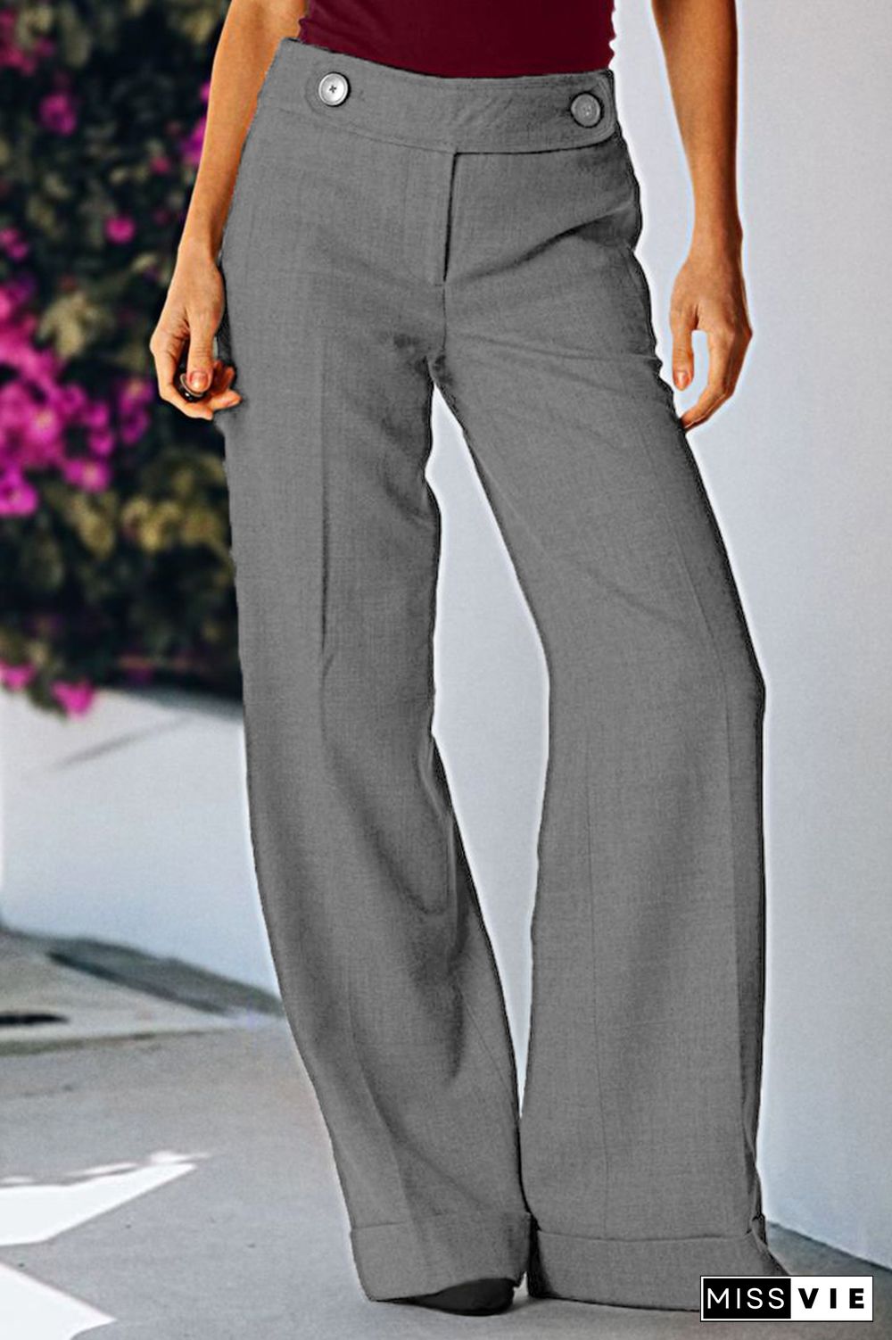 Solid Buttoned Detail Straight Leg Mid Waist Pants