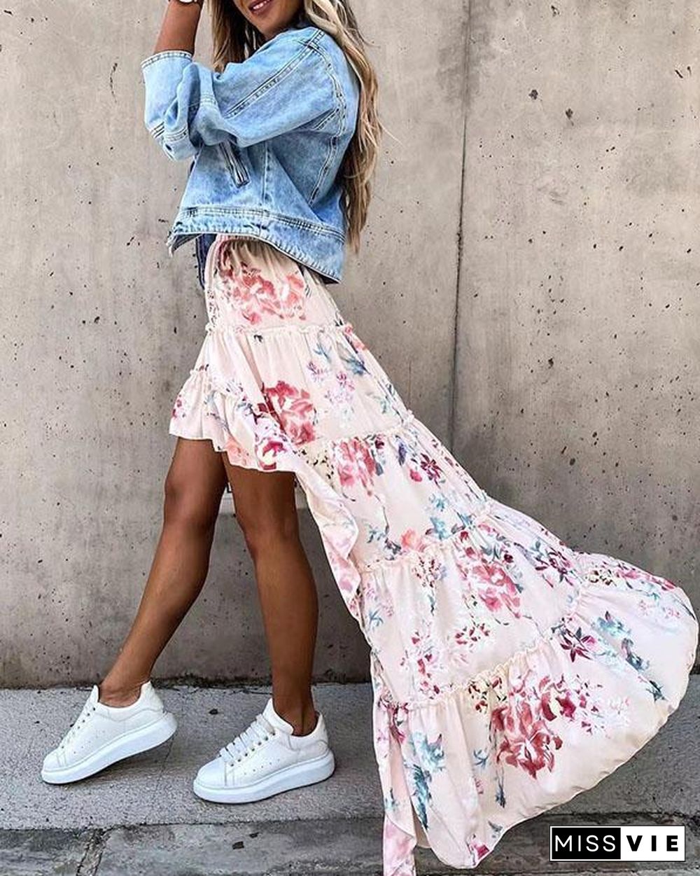 Fashion Print Irregular Hem Flowy Skirt