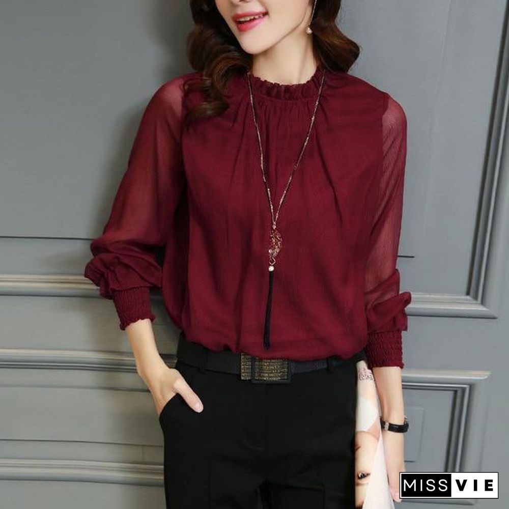 Chiffon Blouse New Women Tops Long Sleeve Stand Neck Work Wear Shirts Elegant Lady Casual Blouses women's blusas Plus size