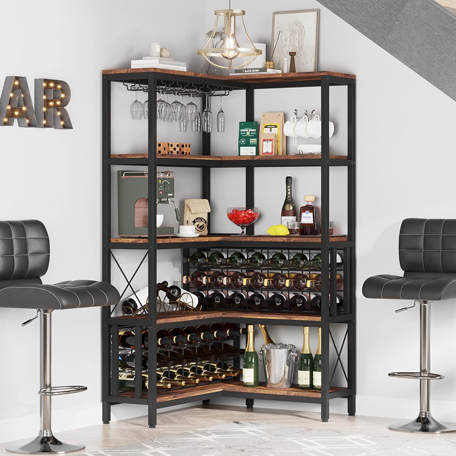 Corner Wine Rack, Freestanding Bar Cabinets for Liquor and Glasses Storage