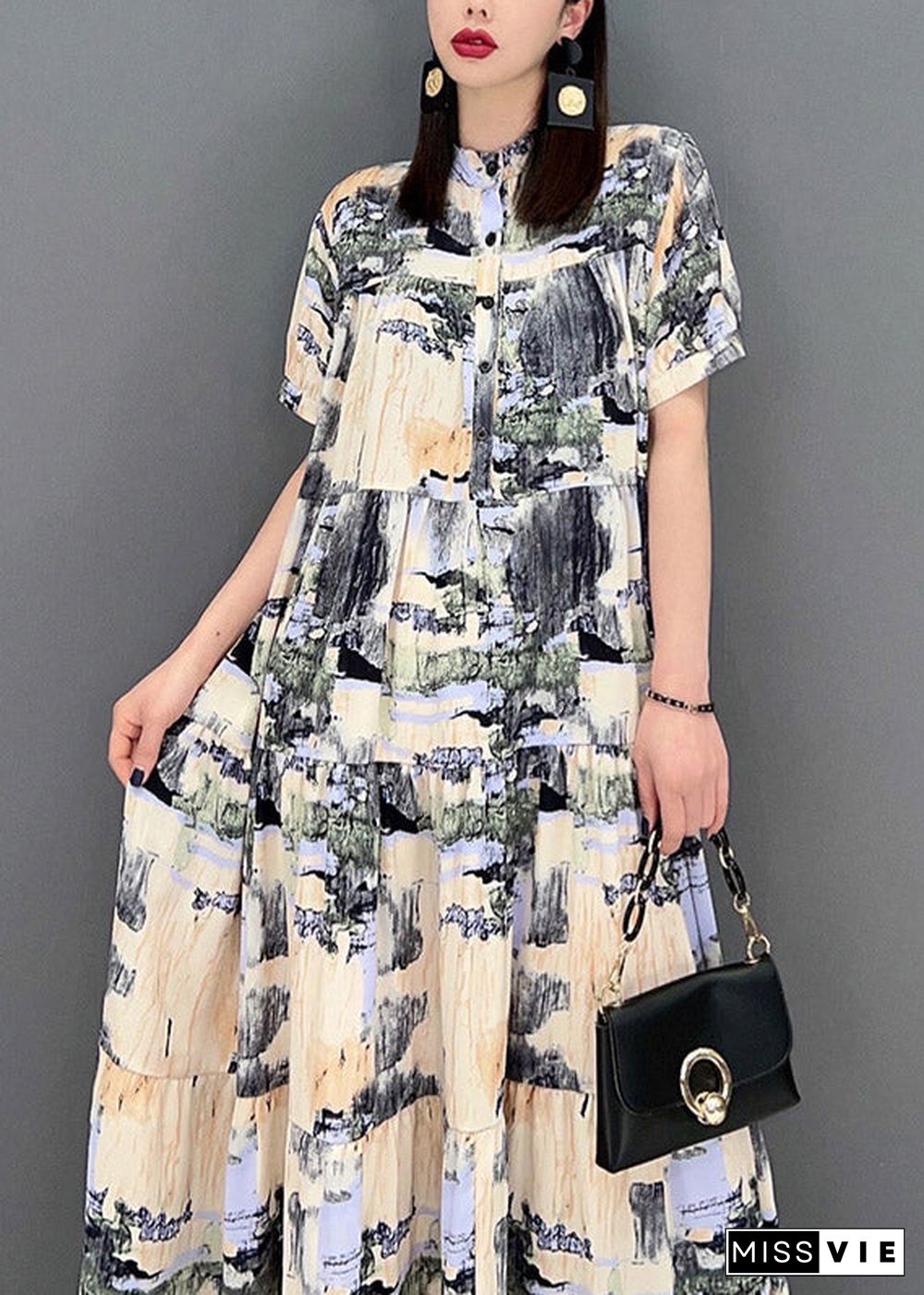 Elegant Stand Collar Button Print Patchwork Wrinkled Chiffon Long Dress Short Sleeve