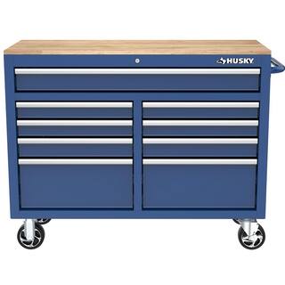 Husky 46 in. W x 18 in. D 9-Drawer Gloss Blue Mobile Workbench Cabinet with Solid Wood Top H46X18MWC9BLU