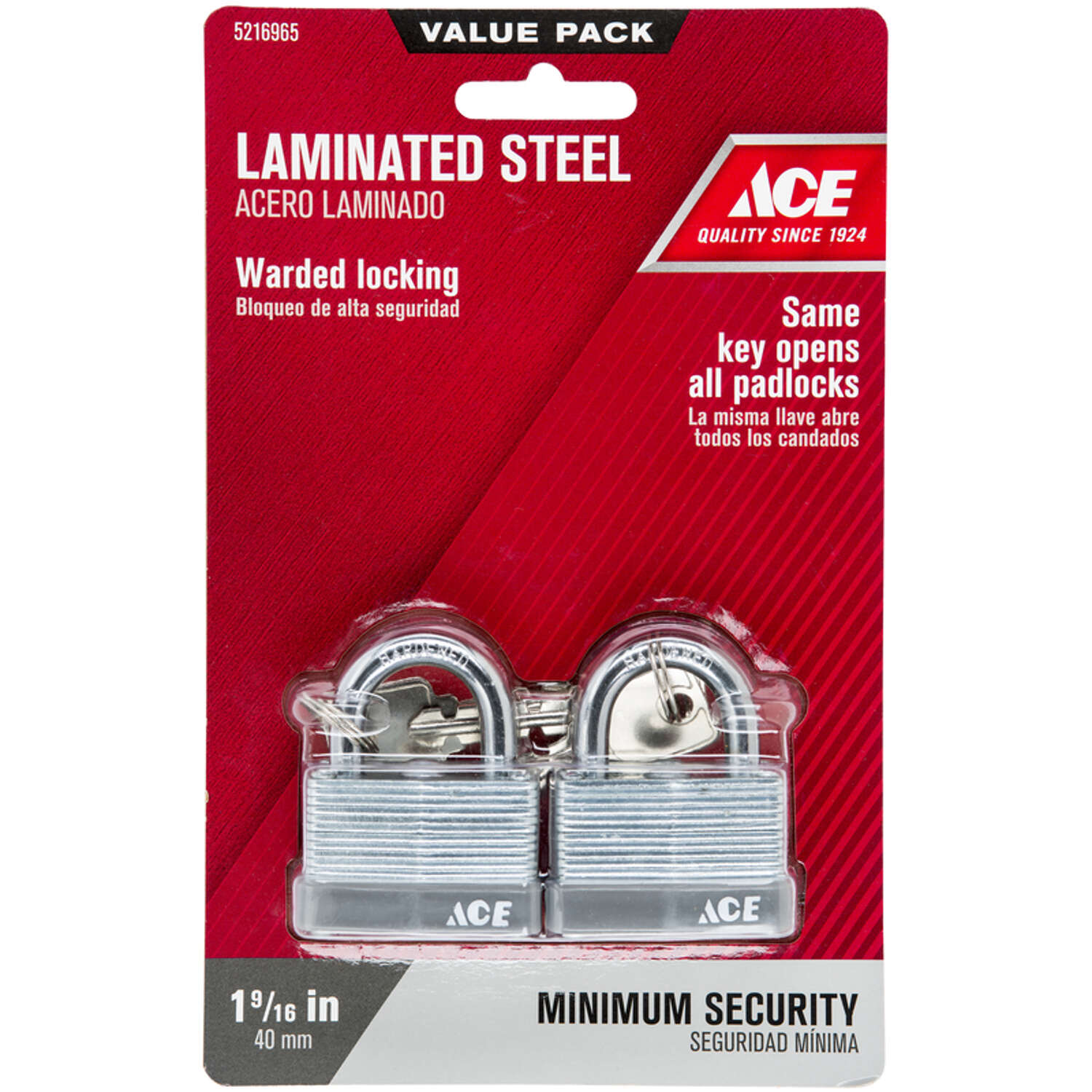 Ace 1 in. H X 1-1/2 in. W X 7/8 in. L Laminated Steel Warded Locking Padlock Keyed Alike