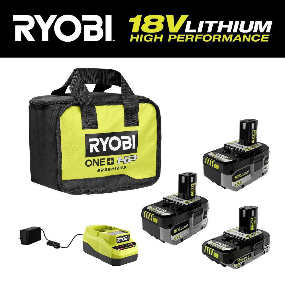 RYOBI ONE+ 18V Lithium-Ion HIGH PERFORMANCE Starter Kit with 2.0 Ah Battery 4.0 Ah Battery 6.0 Ah Battery Charger and Bag PSK007