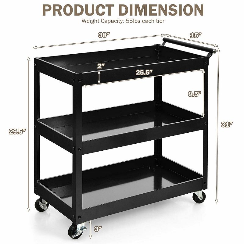 3-Tier Utility Cart with Steel Frame and Four Wheels