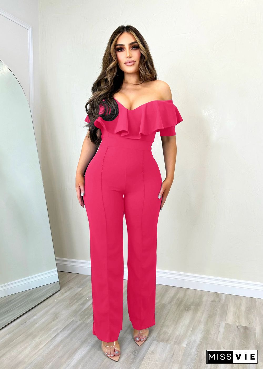 Elegant Solid Ruffle Slash Neck One Piece Jumpsuit