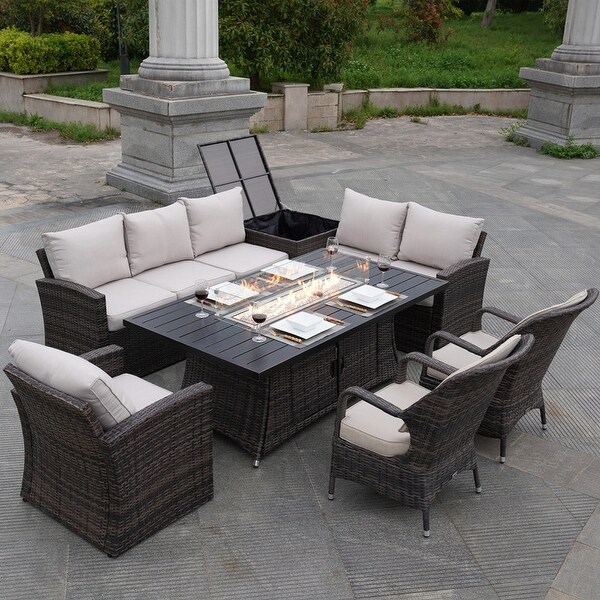 7Piece Patio Rattan Sofa Set with Alum Dining Table and Armchairs