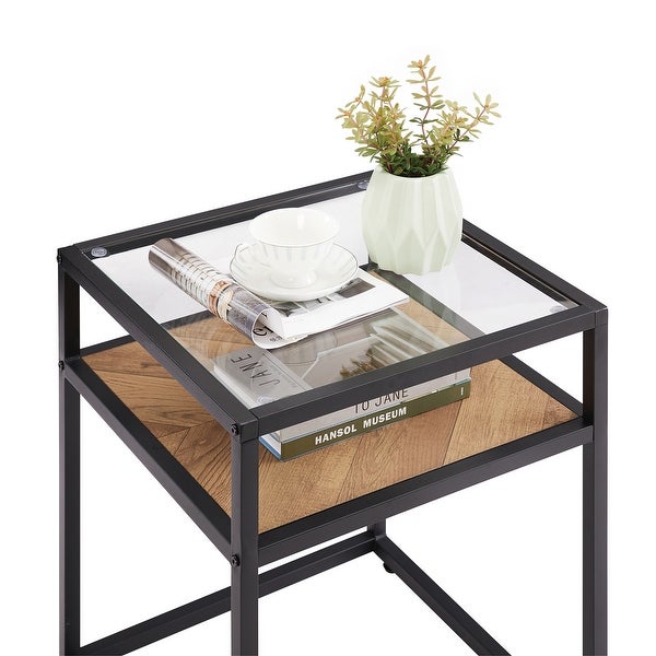 Tempered Glass Top Side Table， 2-Tier End Table