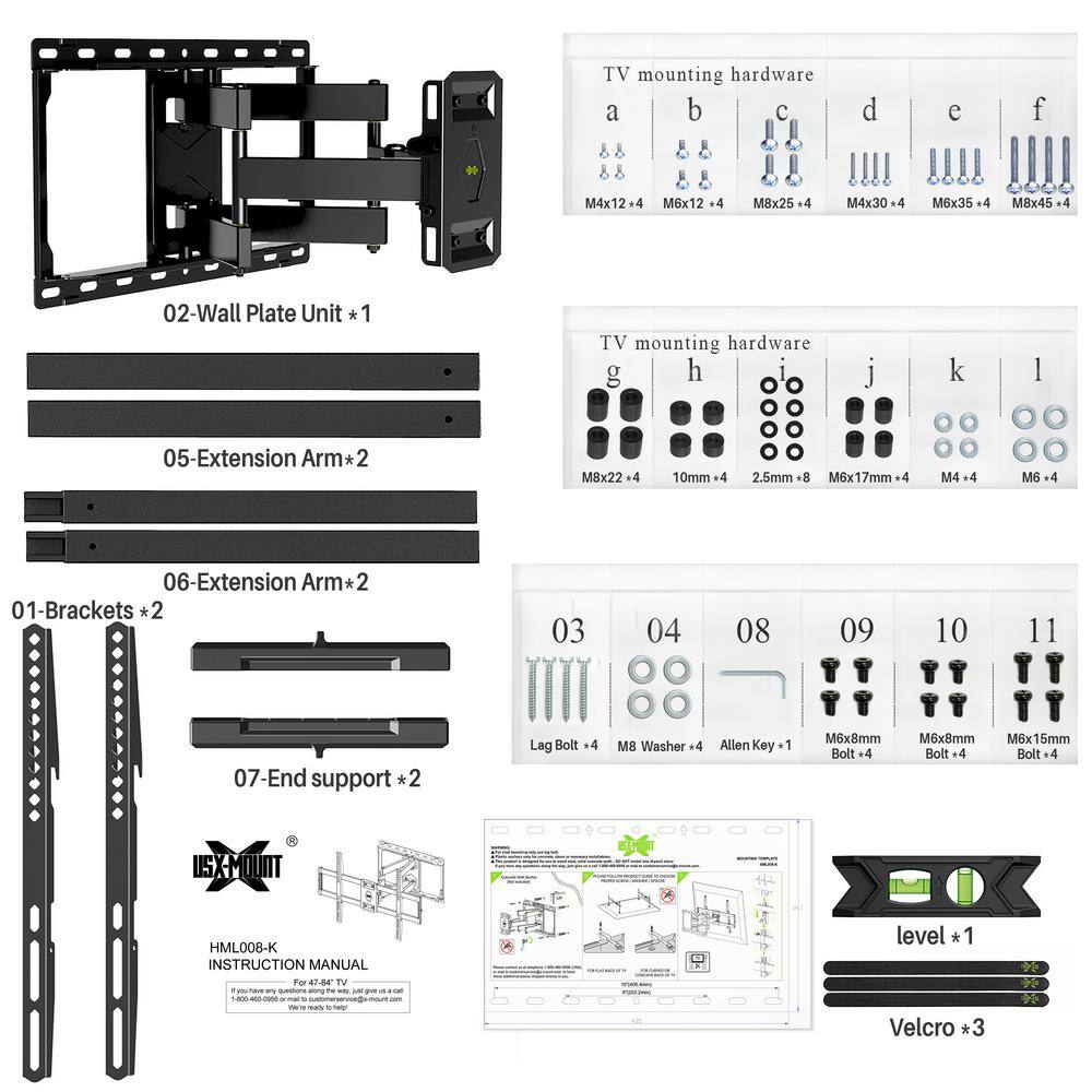 USX MOUNT The Large Full Motion TV Mount for Most 47 in. to 84 in. LED LCD and Flat Screen TVs HML008-K