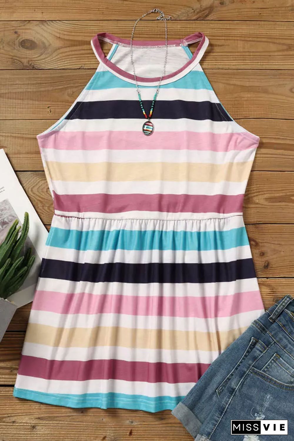 Multicolor Colorful Striped Ruffle Halter Camisole