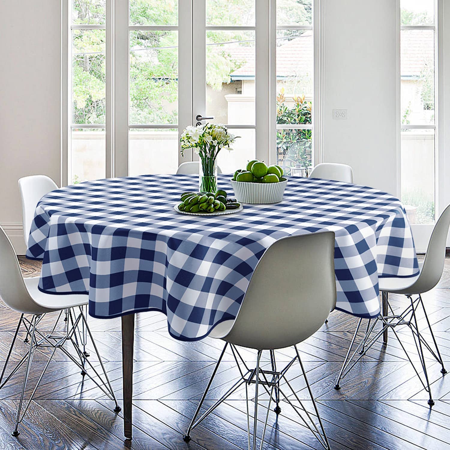 Hiasan Checkered Round Tablecloth 60 Inch - Waterproof Stain and Wrinkle Resistant Washable Fabric Table Cloth for Dining Room Party Outdoor Picnic, Navy Blue and White