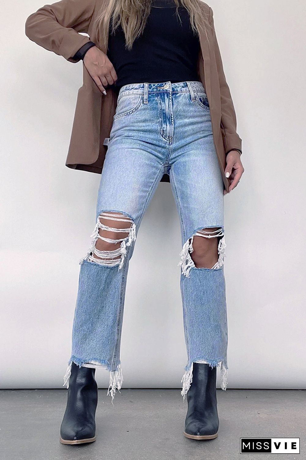 Ripped Hole Straight Jeans Pants