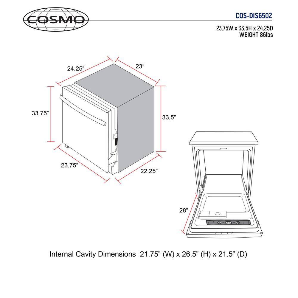 Cosmo 24 in. Stainless Steel Top Control Smart Built-In Tall Tub Dishwasher 120-volt with Stainless Steel Tub COS-DIS6502