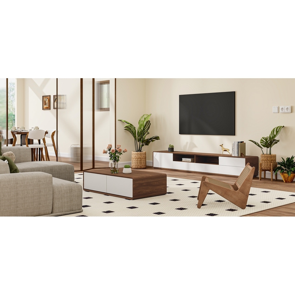 Modern Wood TV Stand  Lowline Media Console with 4 Drawers  Open Storage Cabinet  Walnut Veneer  Fully assembled