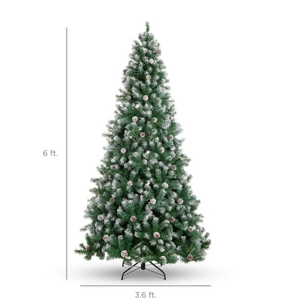 6ft PreDecorated Holiday Christmas Tree w/ 1，000 PVC Branch Tips，Partially Flocked Design，Pine Cones，Metal Hinges and Base