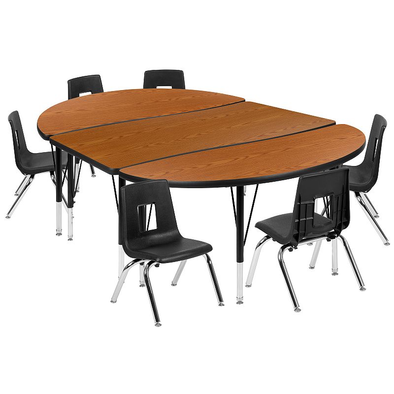 Emma and Oliver 76 Oval Wave Activity Table Set with 14 Student Stack Chairs， Oak/Black