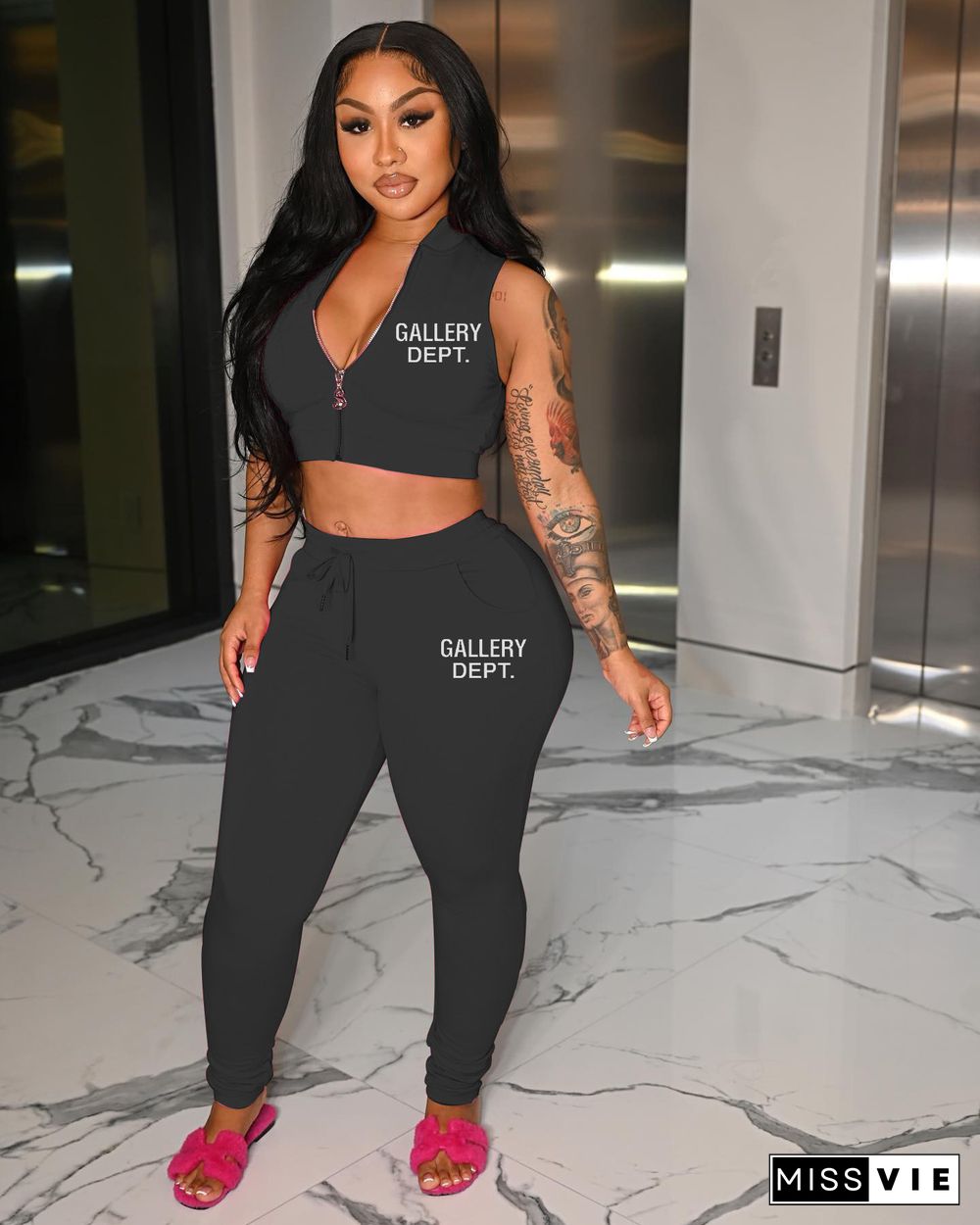 Zipper Sleeveless Crop Tops Long Pants Two Piece Set