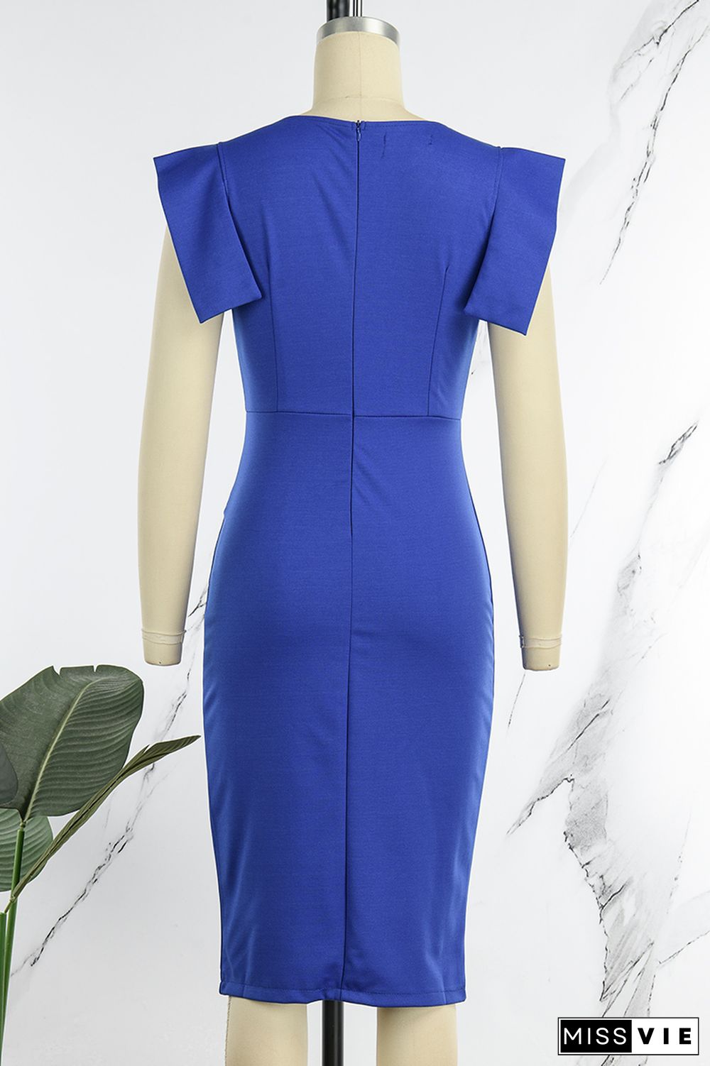 Royal Blue Casual Solid Patchwork Slit O Neck Pencil Skirt Dresses