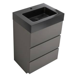 JimsMaison 24 in. W x 18 in. D x 37 in. H Freestanding Bath Vanity in Grey with Black Solid Surface Top Alice-F24GRB