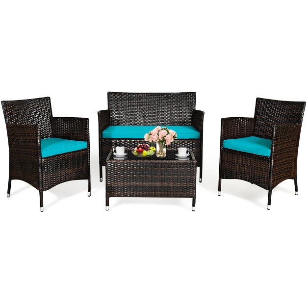 4pcs Outdoor Patio Pe Rattan Wicker Table Shelf Sofa Furniture Set With Cushion