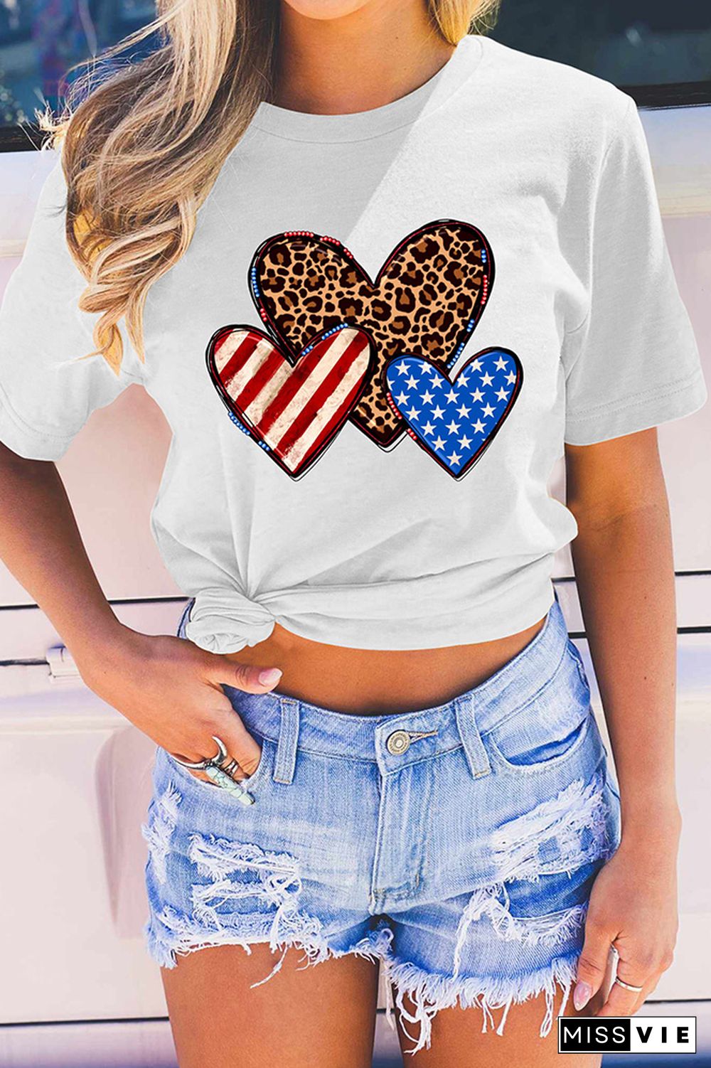 Indenpendence Day Leopard and US Flag Heart Graphic Tee