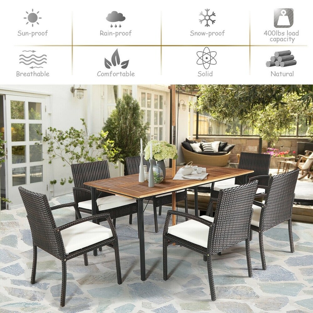 7PCS Patio Rattan Cushioned Dining Set with Umbrella Hole   24.5\