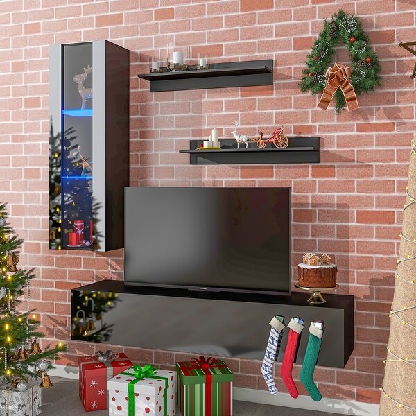 4 Pcs High Gloss Entertainment Center with See-through Media Storage Cabinet