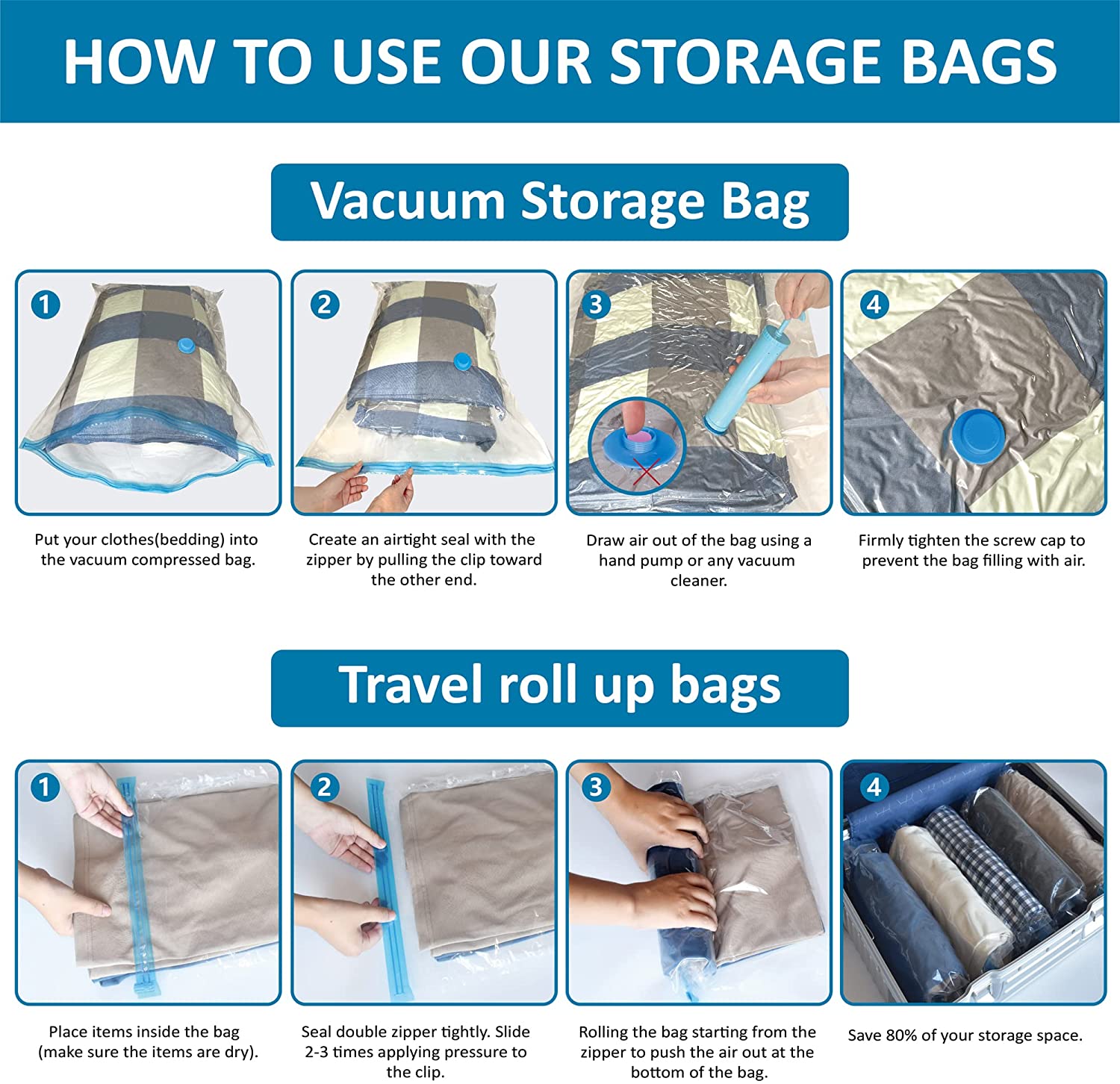 20 Pack Vacuum Storage Bags, Space Saver Bags (4 Jumbo/4 Large/4 Medium/4 Small/4 Roll) Compression Storage Bags for Comforters and Blankets, Vacuum Sealer Bags for Clothes Storage, Hand Pump Included