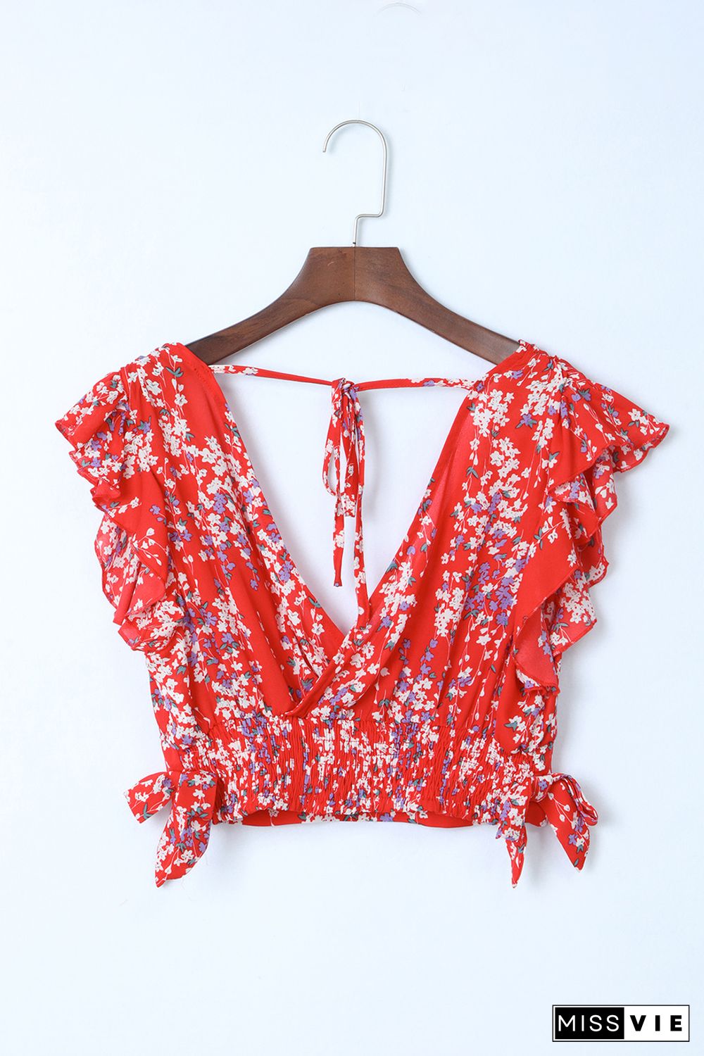 Red Multicolor Floral Ruffled Crop Top and Maxi Skirt Set