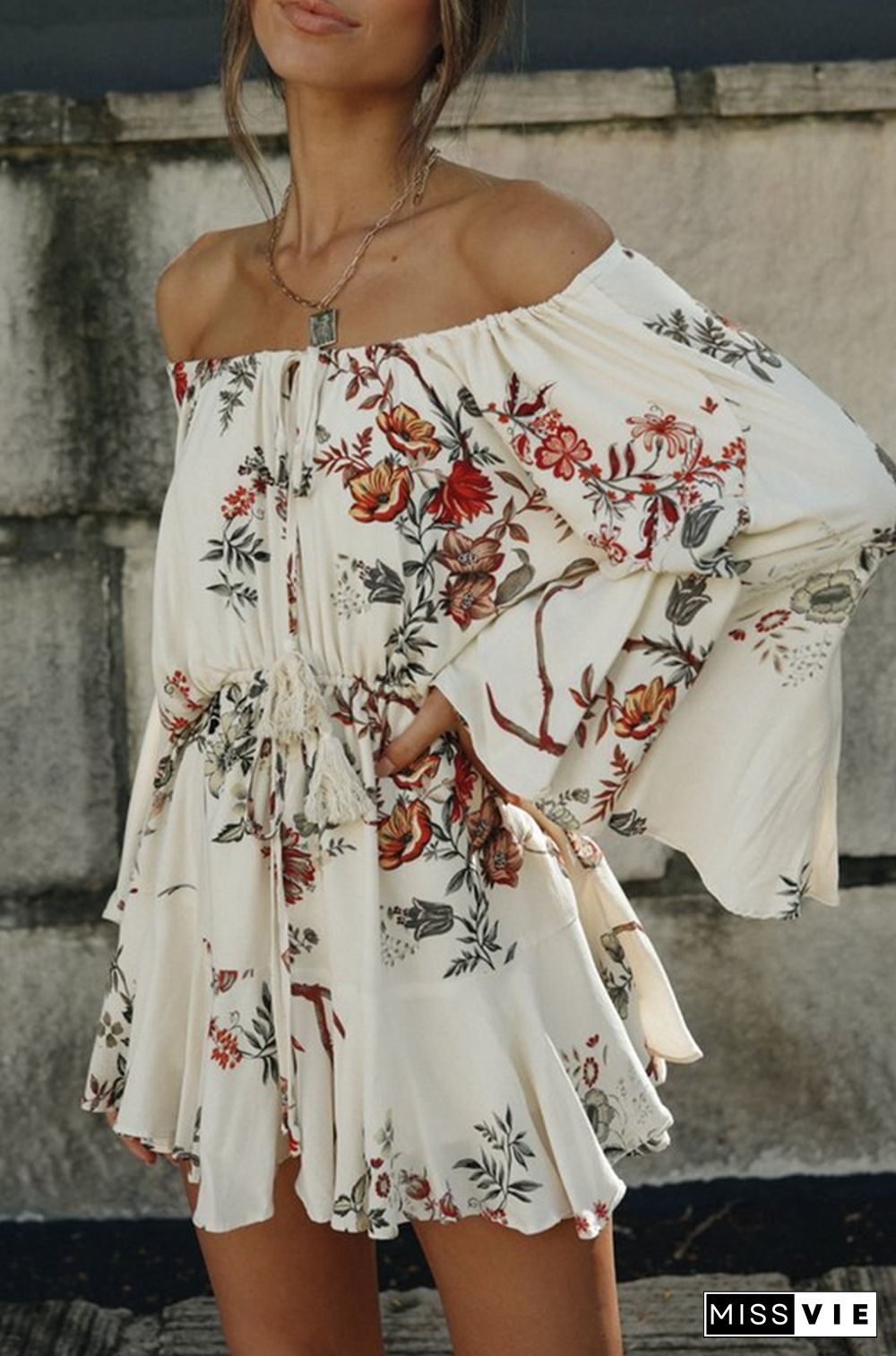 Fashion Casual Floral Split Joint Frenulum Off The Shoulder A Line Dresses